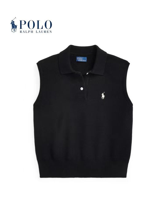 Ralph Lauren Cotton Blended Ribbed Buttoned Small Quilted Embroidered Straight-Tee Short Sleeve Polo Shirt Standard Fit Women's Style Black