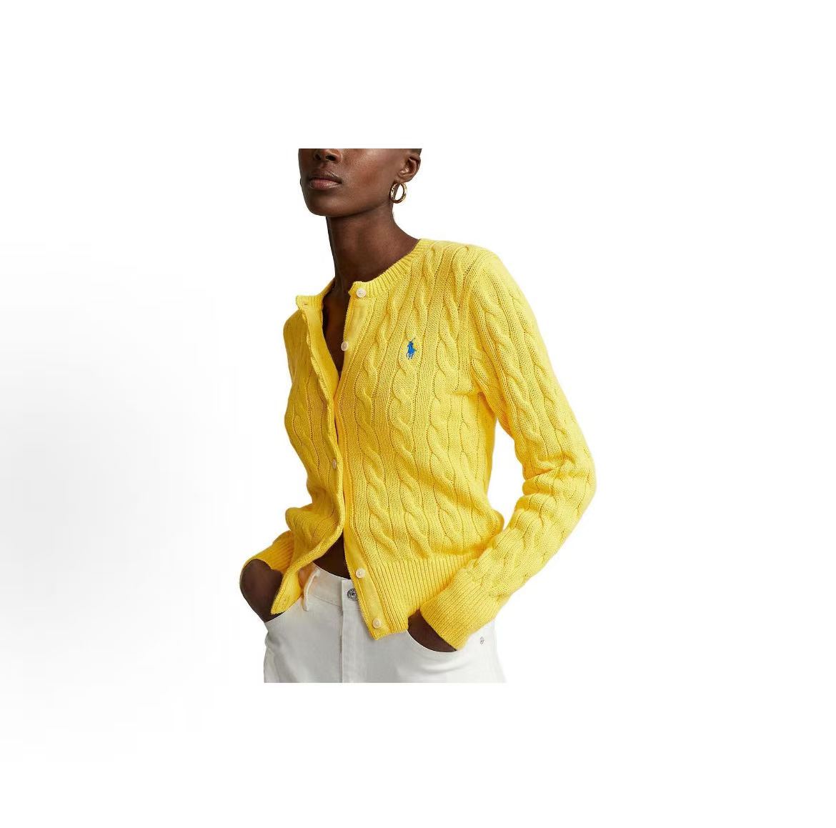 Ralph Lauren SS23 Solid-color Logo Embroidered Single-Button Round-neck Long-sleeved Sweater Standard Fit Women's Item Yellow
