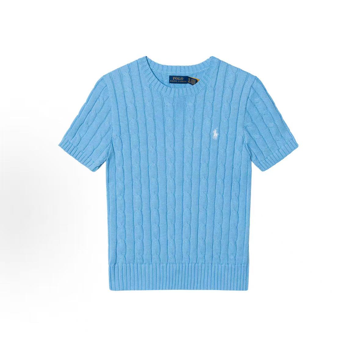 Ralph Lauren SS25 Small Horse Logo Embroidered Cotton Twill Roundneck Short Sleeve Pullover Sweater Knit Top Standard Fit Women's Blue