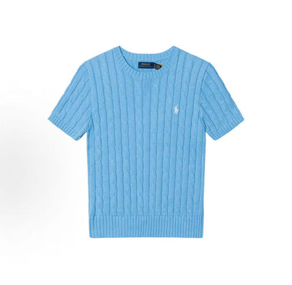 Ralph Lauren SS25 Small Horse Logo Embroidered Cotton Twill Roundneck Short Sleeve Pullover Sweater Knit Top Standard Fit Women's Blue