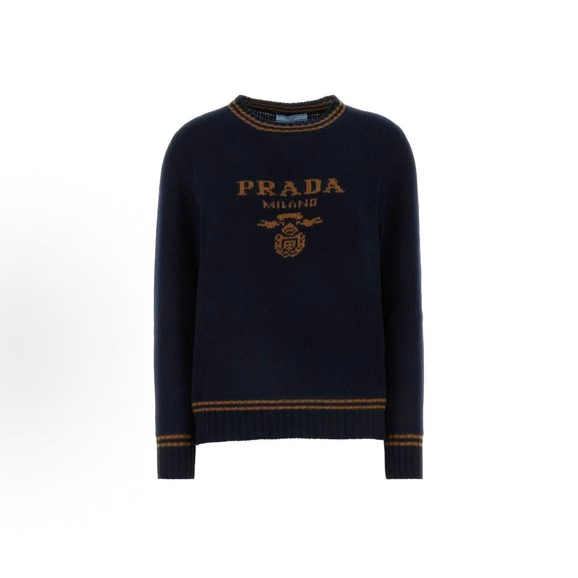 PRADA - Pullover Wool Round-neck Letter Print Long-Sleeve Cashmere Shirt - Women's - Midnight Blue