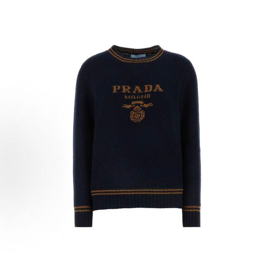 PRADA - Pullover Wool Round-neck Letter Print Long-Sleeve Cashmere Shirt - Women's - Midnight Blue