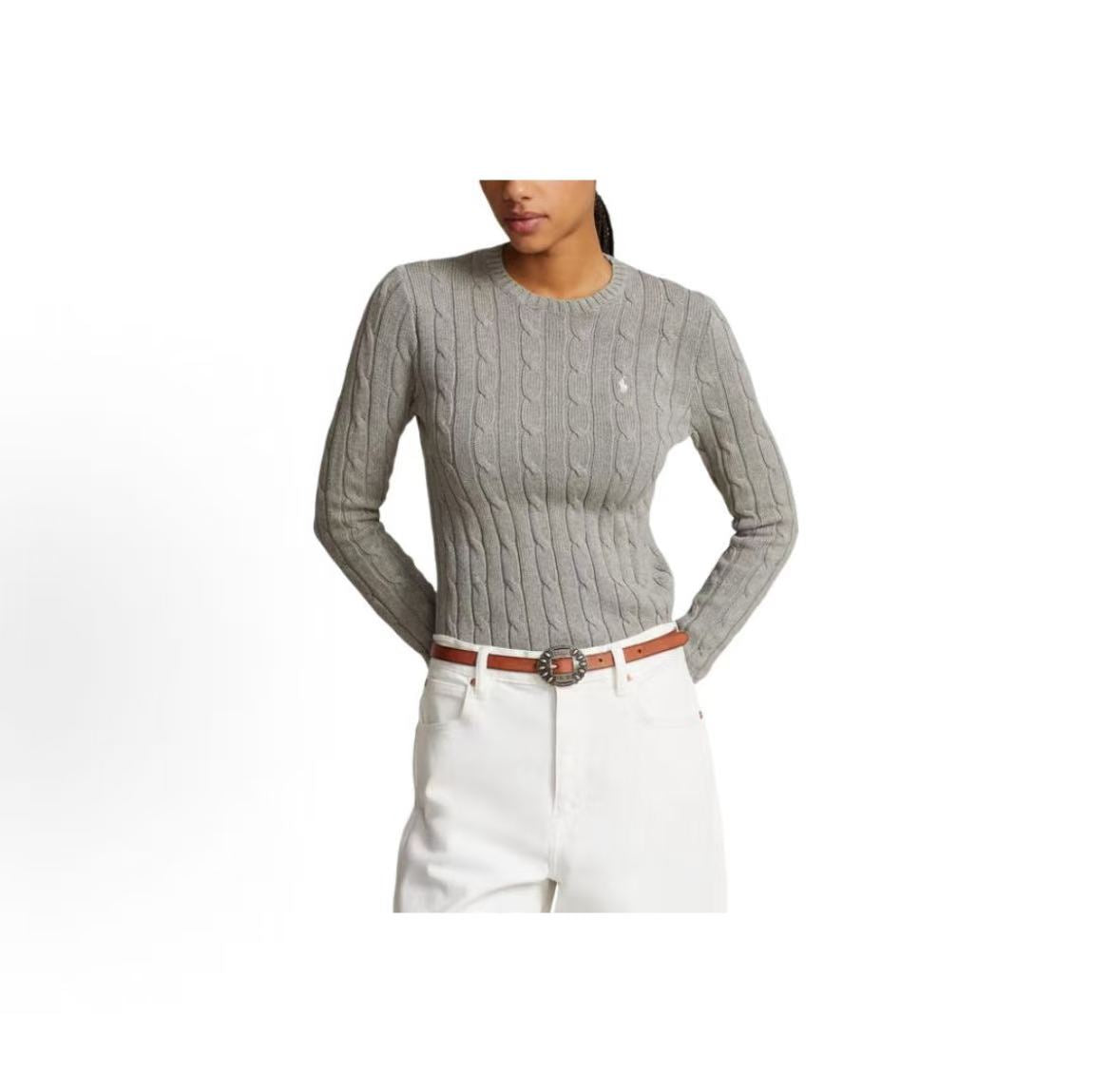 Ralph Lauren Small Horse Logo Embroidered Pattern Twisted Knitted Cotton Round-neck Pullover Long-Sleeve Knit Shirt Standard Fit Women's Grey