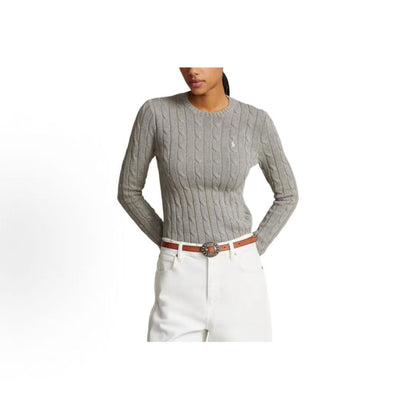 Ralph Lauren Small Horse Logo Embroidered Pattern Twisted Knitted Cotton Round-neck Pullover Long-Sleeve Knit Shirt Standard Fit Women's Grey