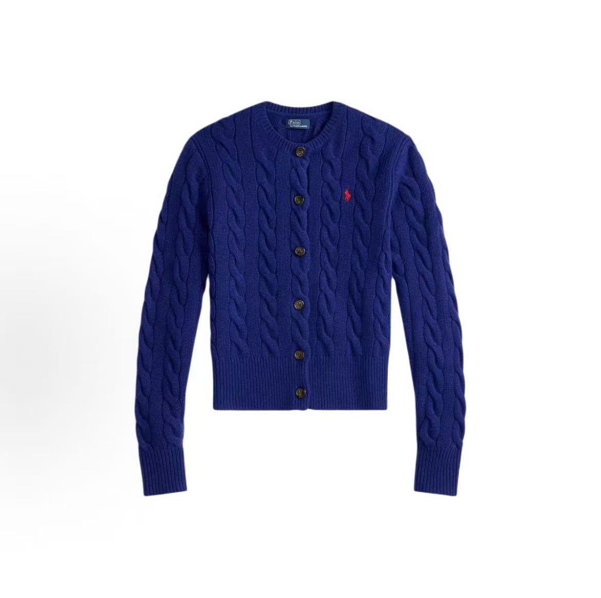 Ralph Lauren Petite Spurs Embroidery Solid Wool and Cashmere Blend Plaid Knitted Roundneck Long Sleeve Buttoned Collar Sweater Standard Fit Women's Styles Fan-Style Button Front Pullover Sweater Standard Fit Women's Style (Copy)