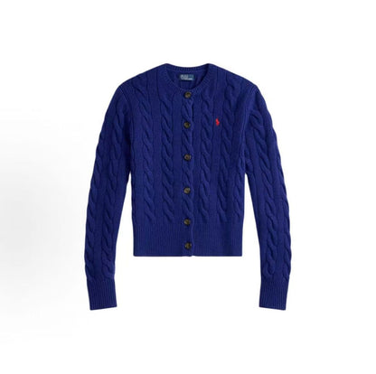 Ralph Lauren Petite Spurs Embroidery Solid Wool and Cashmere Blend Plaid Knitted Roundneck Long Sleeve Buttoned Collar Sweater Standard Fit Women's Styles Fan-Style Button Front Pullover Sweater Standard Fit Women's Style (Copy)