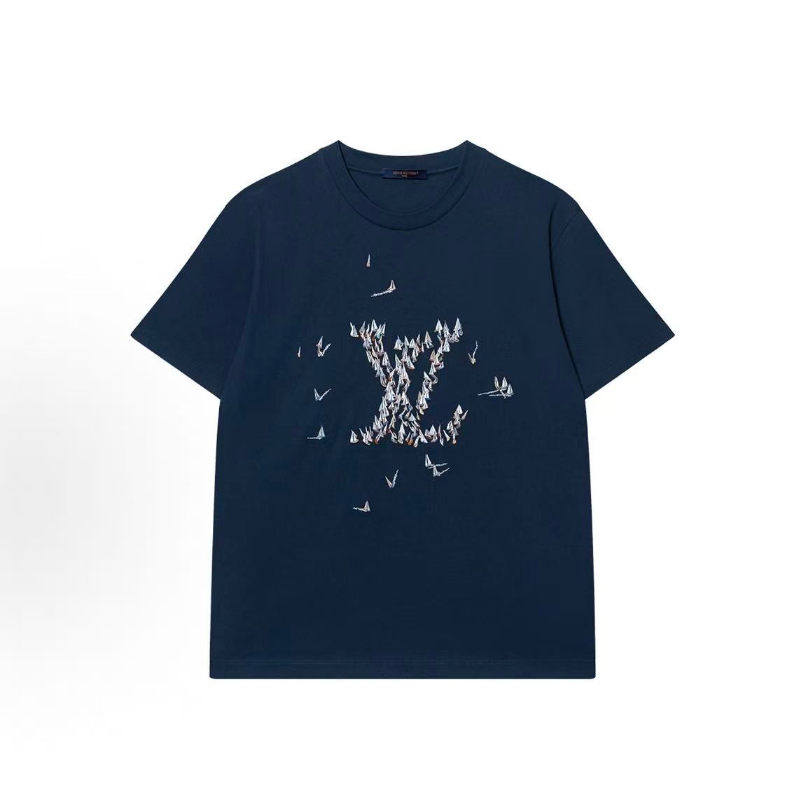 LOUIS VUITTON FW25 Autumn-Winter Men's Collection: Plaid Logo Round-neck Short-sleeved T-shirt for Men - Blue