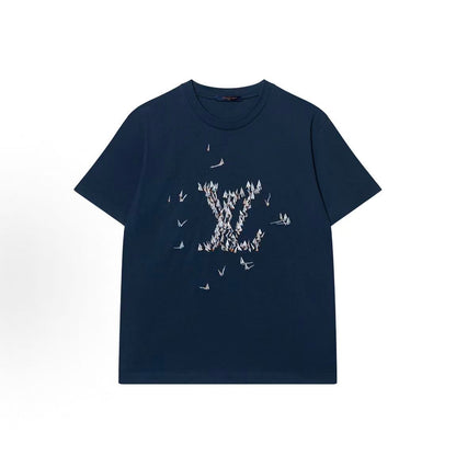 LOUIS VUITTON FW25 Autumn-Winter Men's Collection: Plaid Logo Round-neck Short-sleeved T-shirt for Men - Blue
