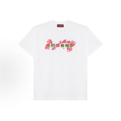 GUCCI Ancient Grecian SS24 Letter Logo Plant Print Round Neck Pullover Short Sleeve T-Shirt for Women, White