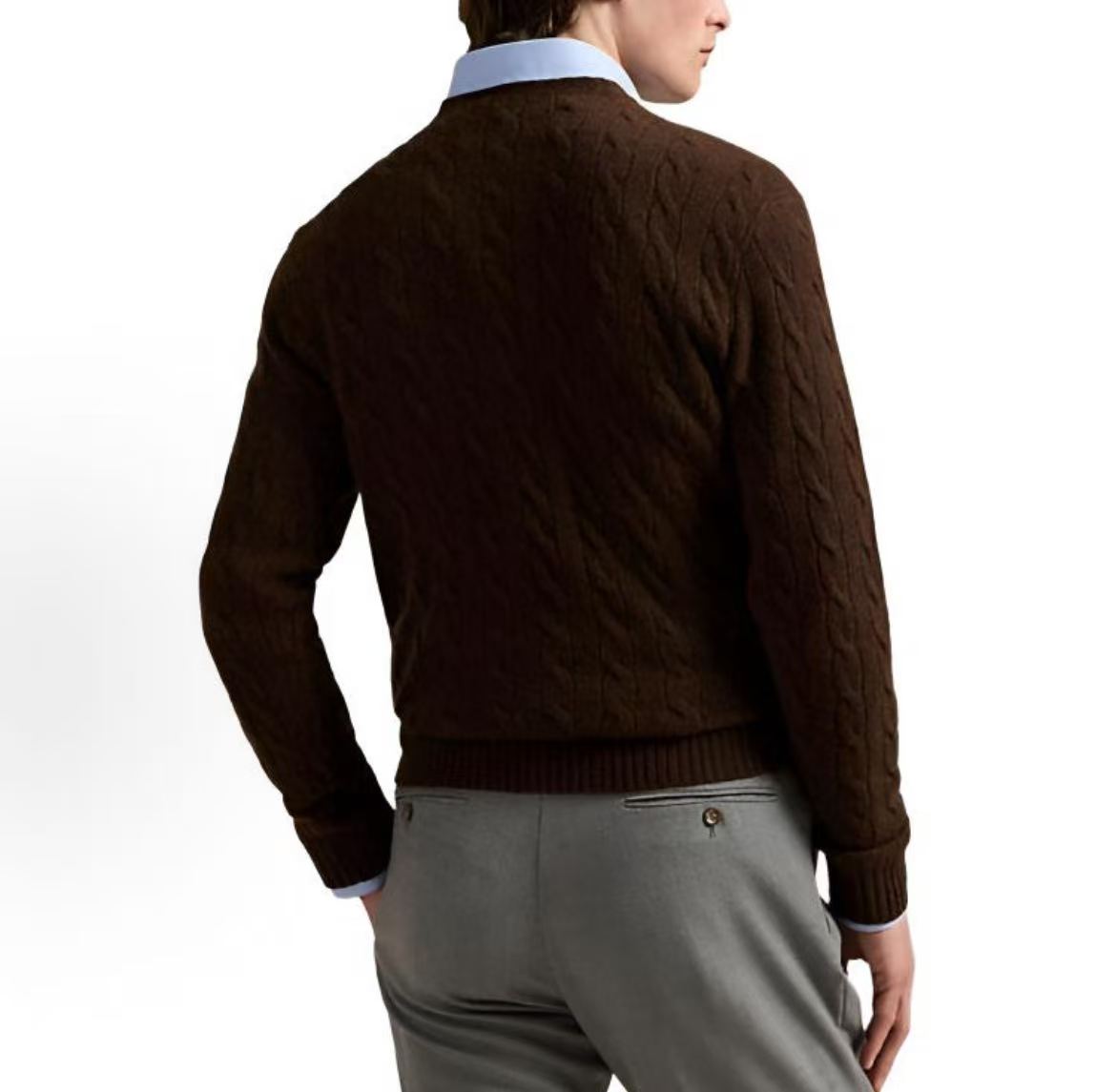 Ralph Lauren Small Spur Embroidered Logo Pattern Wool and Cashmere Blend Plaited Knitted Roundneck Pullover Long Sleeve Sweater Standard Fit Men's Style Brown