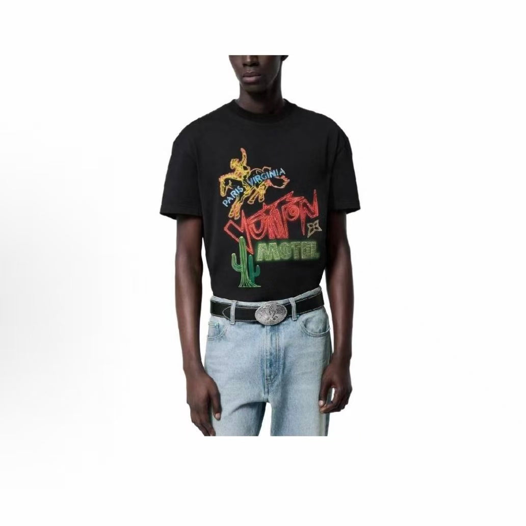 LOUIS VUITTON FW24 Letter Pattern Printed Round-neck Pullover Short-Sleeve T-shirt for Men - Black