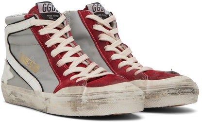 GOLDEN GOOSE حذاء سنيكرز Slide عالي الرقبة باللونين الرمادي والأحمر