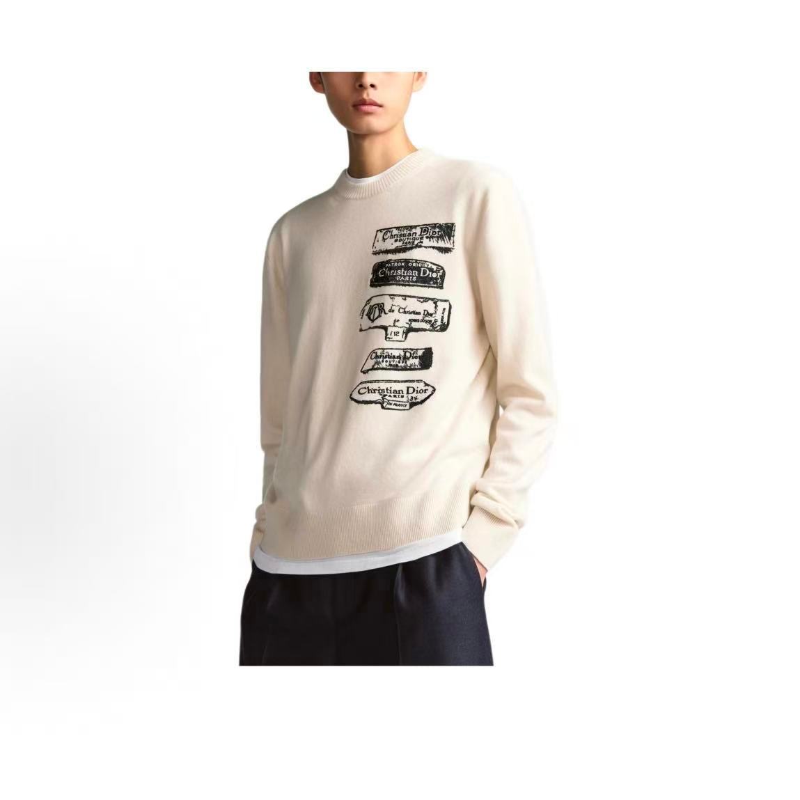 DIOR Dior Spring 2025 Men's Ready-to-Wear Collection - Patterned Printed Ribbed Round-neck Pullover Long-sleeved Sweater for Men - White