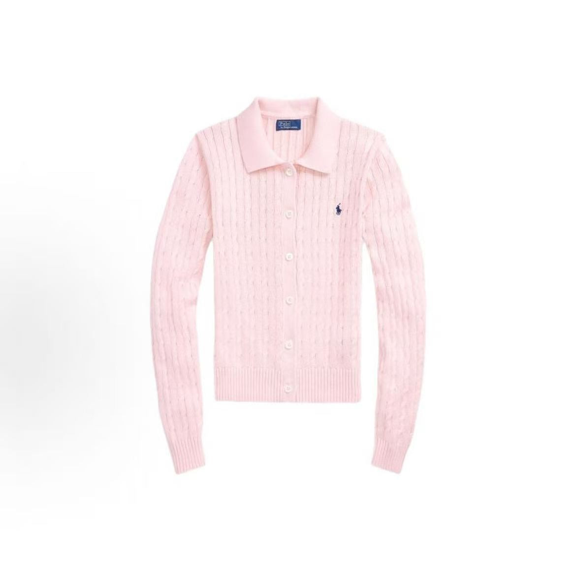 Ralph Lauren SS24 Small Horse Logo Embroidered Twisted Knitted Cotton Polo Neck Single-Button Long-Sleeved Button-Up Shirt - Knit Top - Fitted Style - Women's - Pink