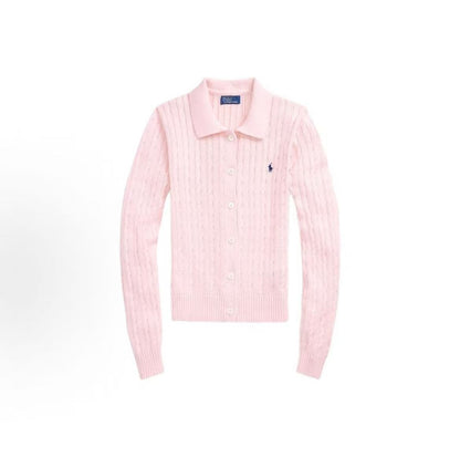 Ralph Lauren SS24 Small Horse Logo Embroidered Twisted Knitted Cotton Polo Neck Single-Button Long-Sleeved Button-Up Shirt - Knit Top - Fitted Style - Women's - Pink