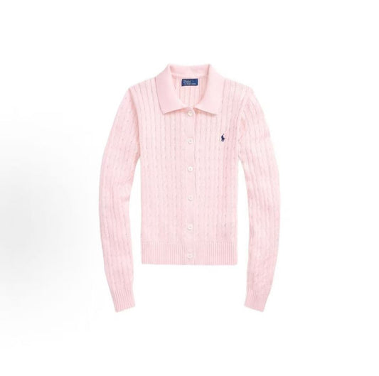 Ralph Lauren SS24 Small Horse Logo Embroidered Twisted Knitted Cotton Polo Neck Single-Button Long-Sleeved Button-Up Shirt - Knit Top - Fitted Style - Women's - Pink
