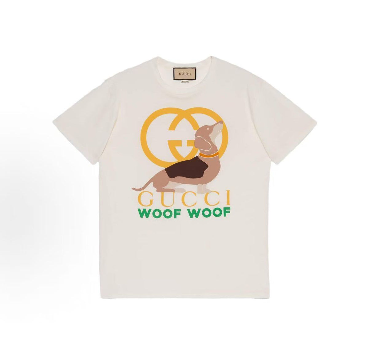 GUCCI - Loose round-neck short-sleeved T-shirt with puppy letter pattern and drop shoulder sleeves, SS23, women's style, beige color.
