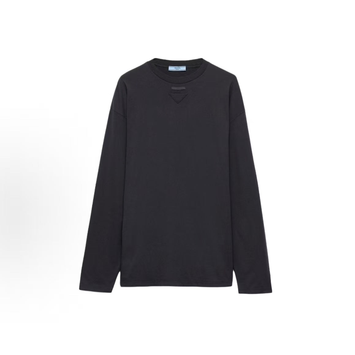 PRADA T-shirt with long sleeves, plain knit, triangular logo design, featuring a triangular emblem. Women's size. Slate gray color.
