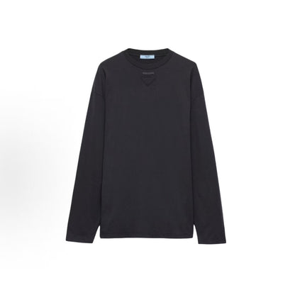 PRADA T-shirt with long sleeves, plain knit, triangular logo design, featuring a triangular emblem. Women's size. Slate gray color.