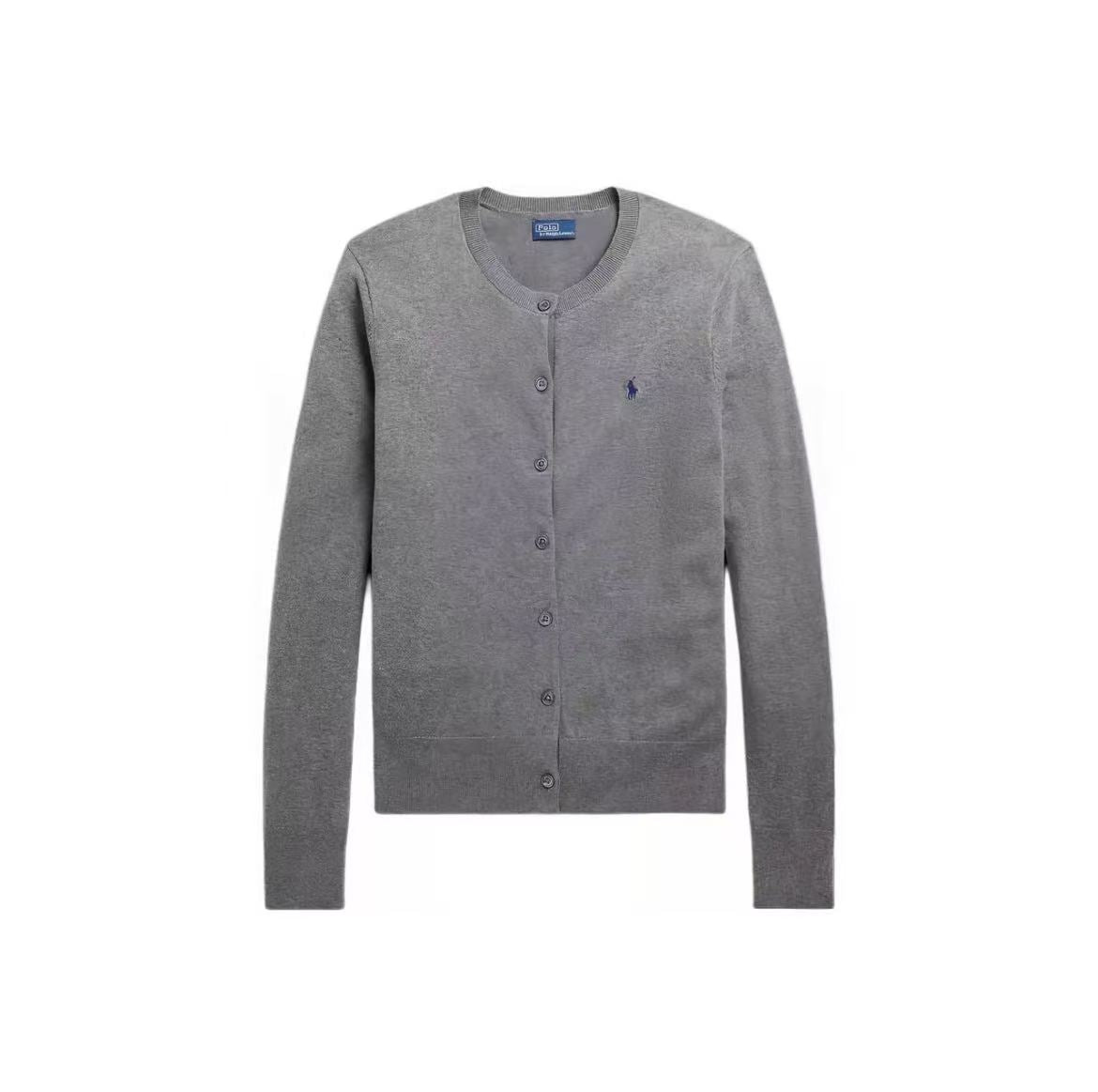Ralph Lauren Petite Spurs Embroidered Logo Pattern Cotton Blended Ribbed Roundneck Single-Button Long-Sleeved Button-Up Shirt Knit Top Standard Fit Women's Gray