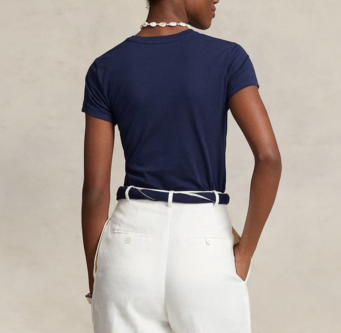 Ralph Lauren Printed Solid Color Round-neck Short-sleeved SS23 T-shirt for Women - Navy Blue