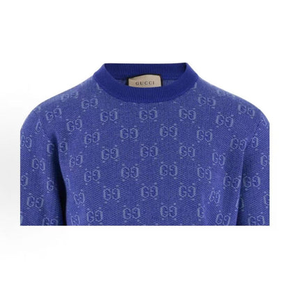GUCCI 2023 Spring Collection Double G Embroidered Plaid Pullover Sweater - Men's Style - Blue
