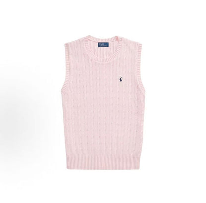 Ralph Lauren SS24 Small Horse Logo Embroidered Twisted Knitted Cotton Roundneck Pullover Sleeveless Backless Crop Top Women's Style Pink