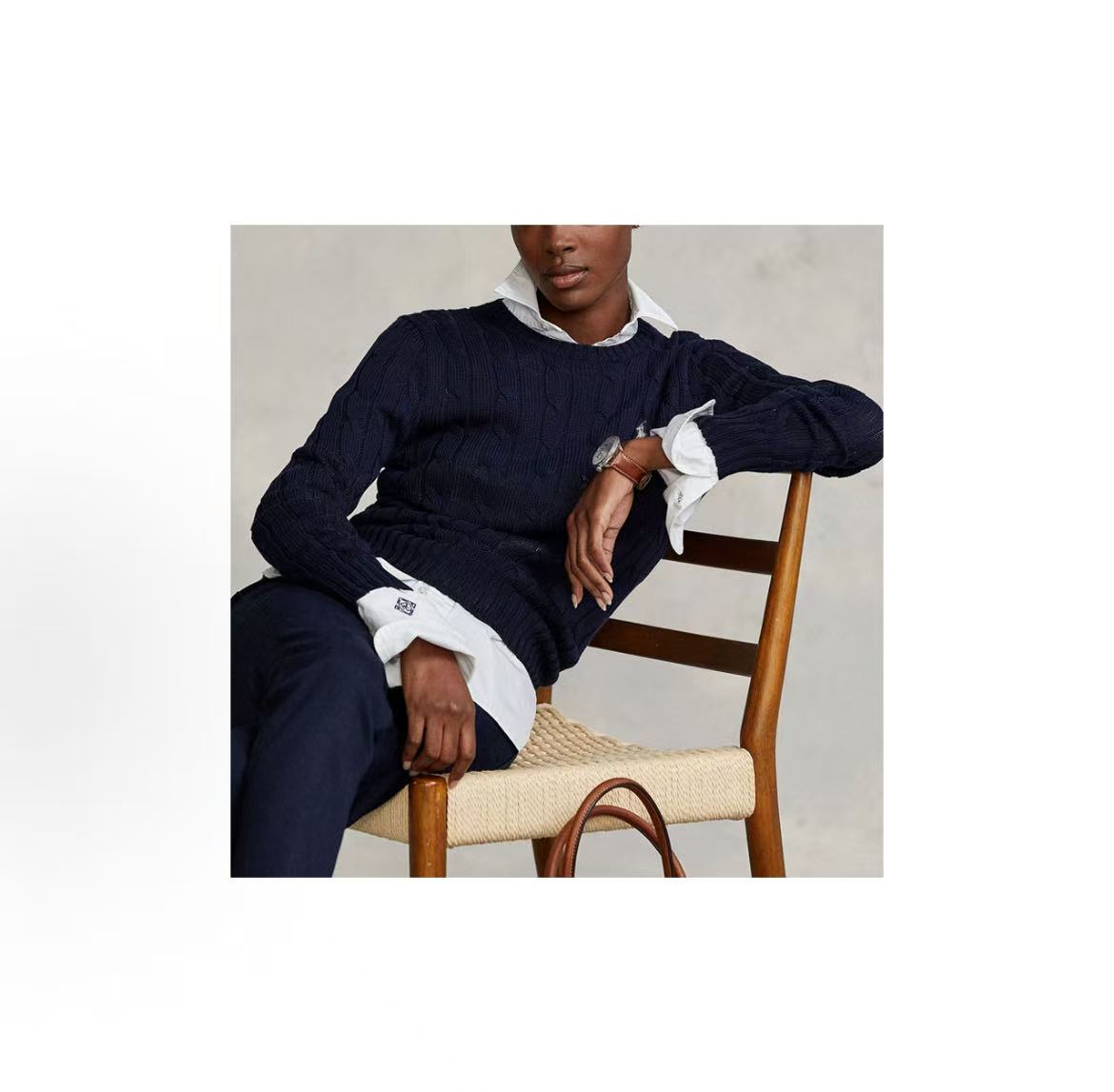 Ralph Lauren SS23 Solid-color Logo Embroidered Coarse Twisted Cotton Pullover Long-Sleeved Knit Shirt Standard Fit Women's Blue