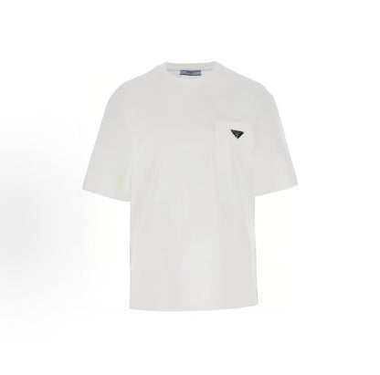 PRADA SS23 Solid Logo Front Patched Plain Knit Round-neck Short Sleeve T-shirt with A-line Sleeves for Women - White