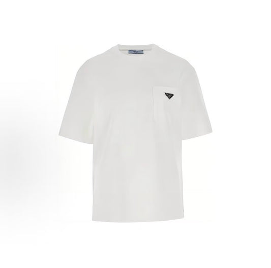 PRADA SS23 Solid Logo Front Patched Plain Knit Round-neck Short Sleeve T-shirt with A-line Sleeves for Women - White