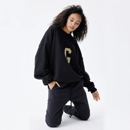 FOG FEAR OF GOD main line letter G flocked round neck sweatshirt casual loose black