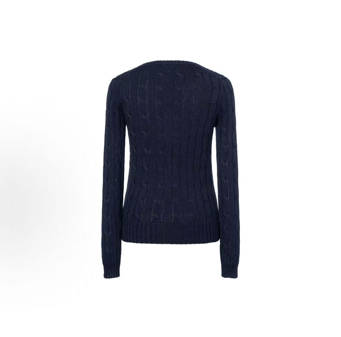Ralph Lauren Petite Spurs Embroidered Solid Twill Knotted Cotton Ribbed V-Neck Pullover Long Sleeve Knit Shirt Standard Fit Women's Dark Blue