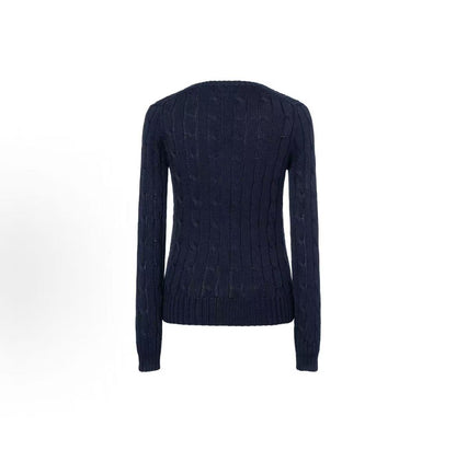 Ralph Lauren Petite Spurs Embroidered Solid Twill Knotted Cotton Ribbed V-Neck Pullover Long Sleeve Knit Shirt Standard Fit Women's Dark Blue