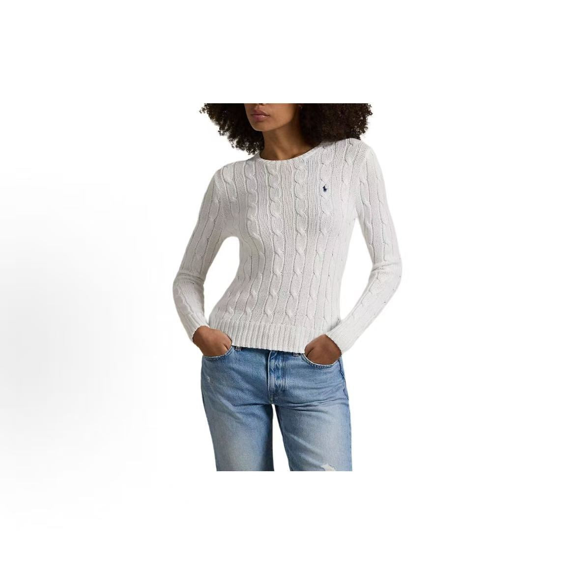 Ralph Lauren Petite Spurs Embroidered Solid Cotton Roundneck Pullover Long Sleeve Knit Shirt Classic Style Women's White