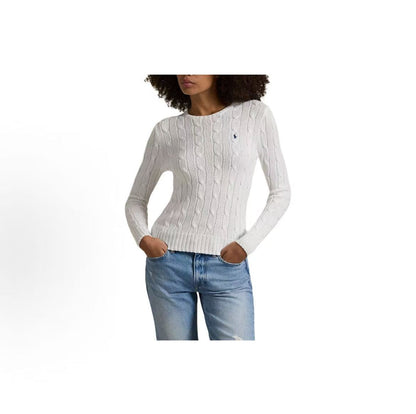Ralph Lauren Petite Spurs Embroidered Solid Cotton Roundneck Pullover Long Sleeve Knit Shirt Classic Style Women's White