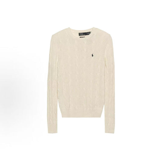 Ralph Lauren SS23 brand logo solid-color chunky jacquard embroidered cotton long-sleeved pullover sweater standard size women's style, in beige color.