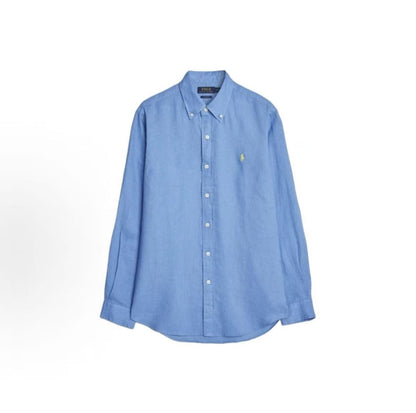 Ralph Lauren SS25 Small Horse Logo Embroidered Cotton-Linen Long-Sleeve Shirt for Men, Glacier Blue