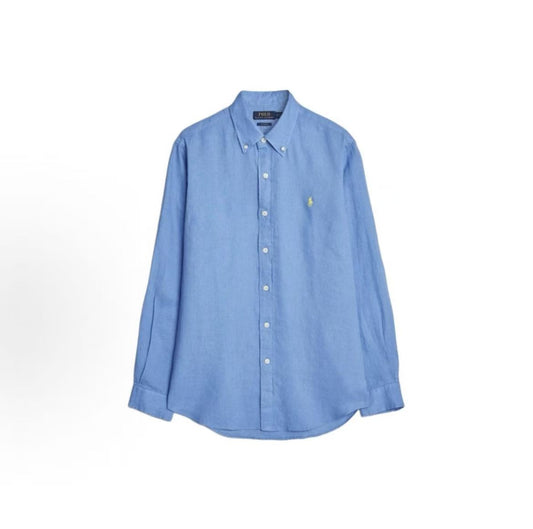 Ralph Lauren SS25 Small Horse Logo Embroidered Cotton-Linen Long-Sleeve Shirt for Men, Glacier Blue