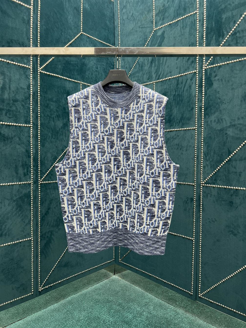 DIOR OBLIQUE SLEEVELESS SWEATER BLUE WOOL JACQUARD – DOS021