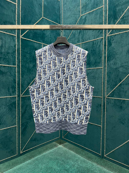 DIOR OBLIQUE SLEEVELESS SWEATER BLUE WOOL JACQUARD – DOS021