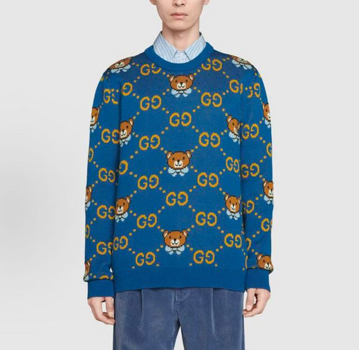 Kai x GUCCI collaboration SS21 full-print blue bear logo wool sweater cardigan - same style for both men and women - blue