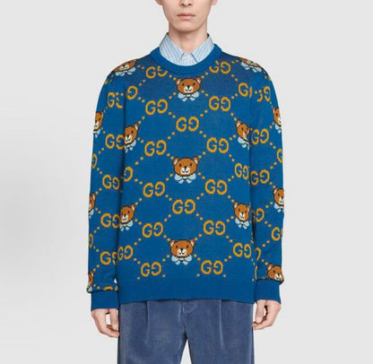 Kai x GUCCI collaboration SS21 full-print blue bear logo wool sweater cardigan - same style for both men and women - blue