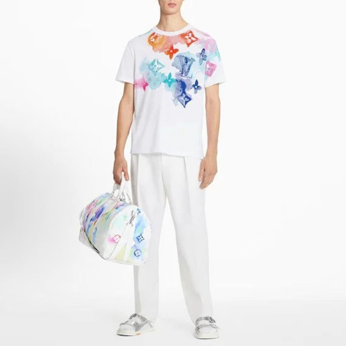 LOUIS VUITTON Ink-Style Logo Letter Print Round Neck Short Sleeve T-Shirt for Men, Patterned