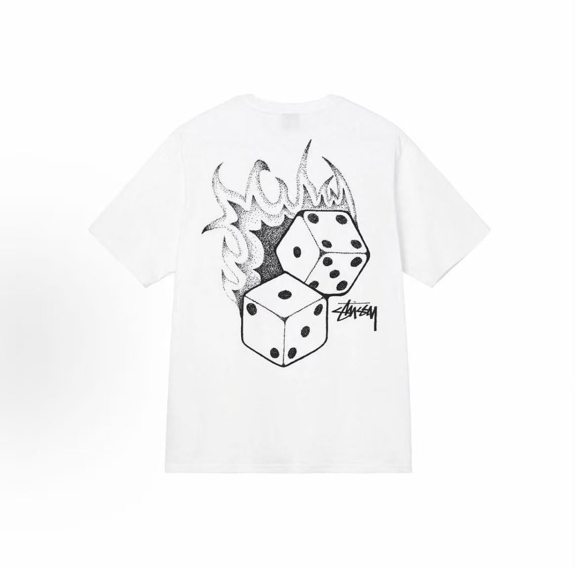 Stussy Dice Collection SS22 - Flaming Dice Retro Letter Dice Pattern Printed Short-Sleeved American Retro T-Shirt - Couple's Style