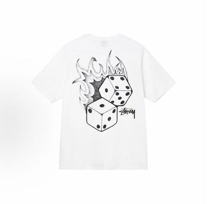 Stussy Dice Collection SS22 - Flaming Dice Retro Letter Dice Pattern Printed Short-Sleeved American Retro T-Shirt - Couple's Style