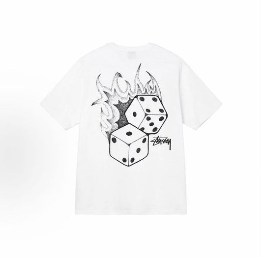 Stussy Dice Collection SS22 - Flaming Dice Retro Letter Dice Pattern Printed Short-Sleeved American Retro T-Shirt - Couple's Style