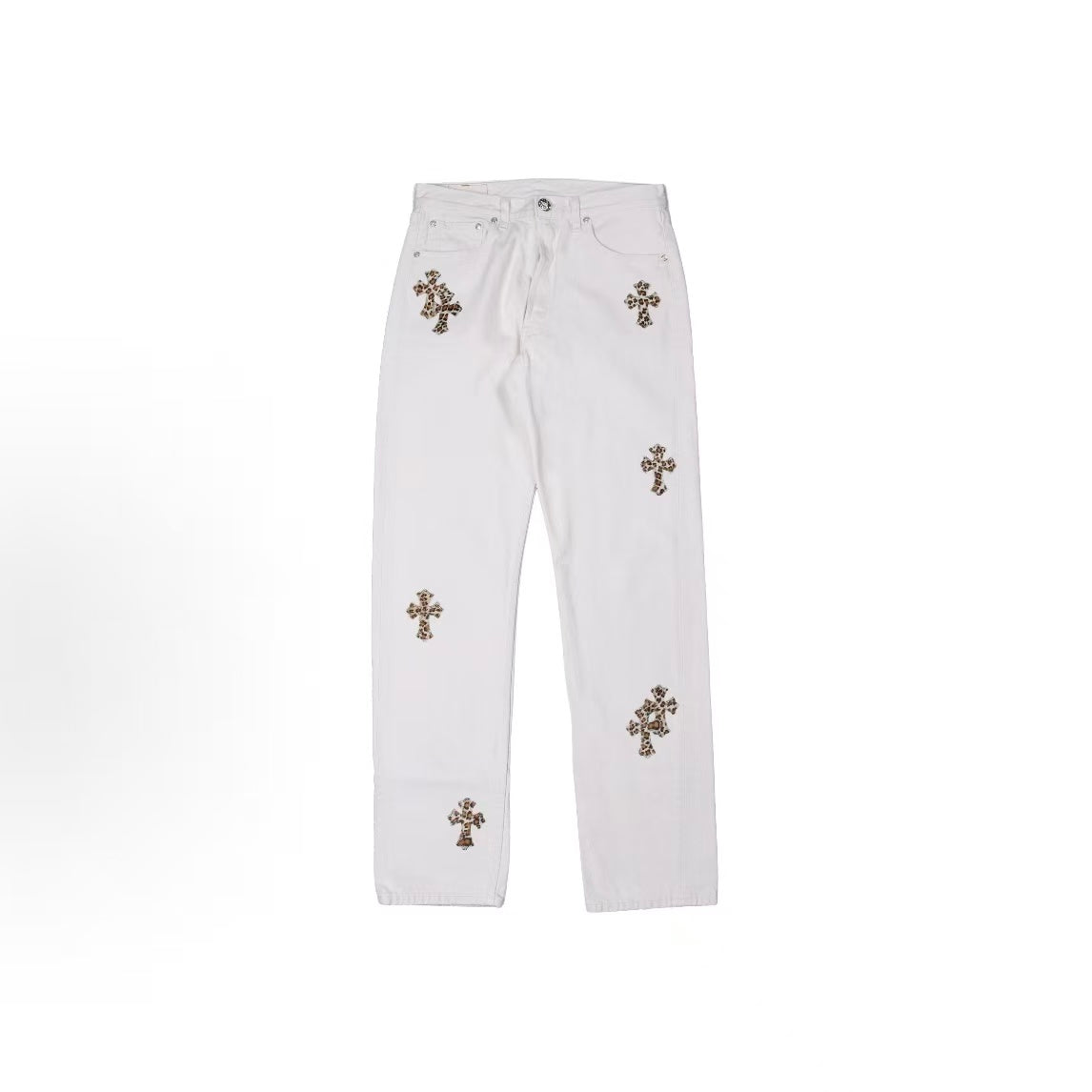 Chrome Hearts x Levi's leopard print cross patch button mid waist jeans for both men and women