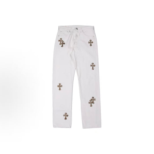 Chrome Hearts x Levi's leopard print cross patch button mid waist jeans for both men and women