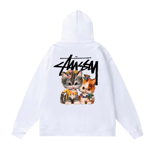 STUSSY CAT PRINT HOODIE WHITE