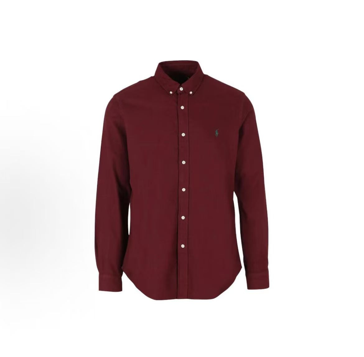 Ralph Lauren FW23 Little Horse Embroidery Logo Solid-color Long-sleeved Button-front Shirt Messy Hair Men's Style Red